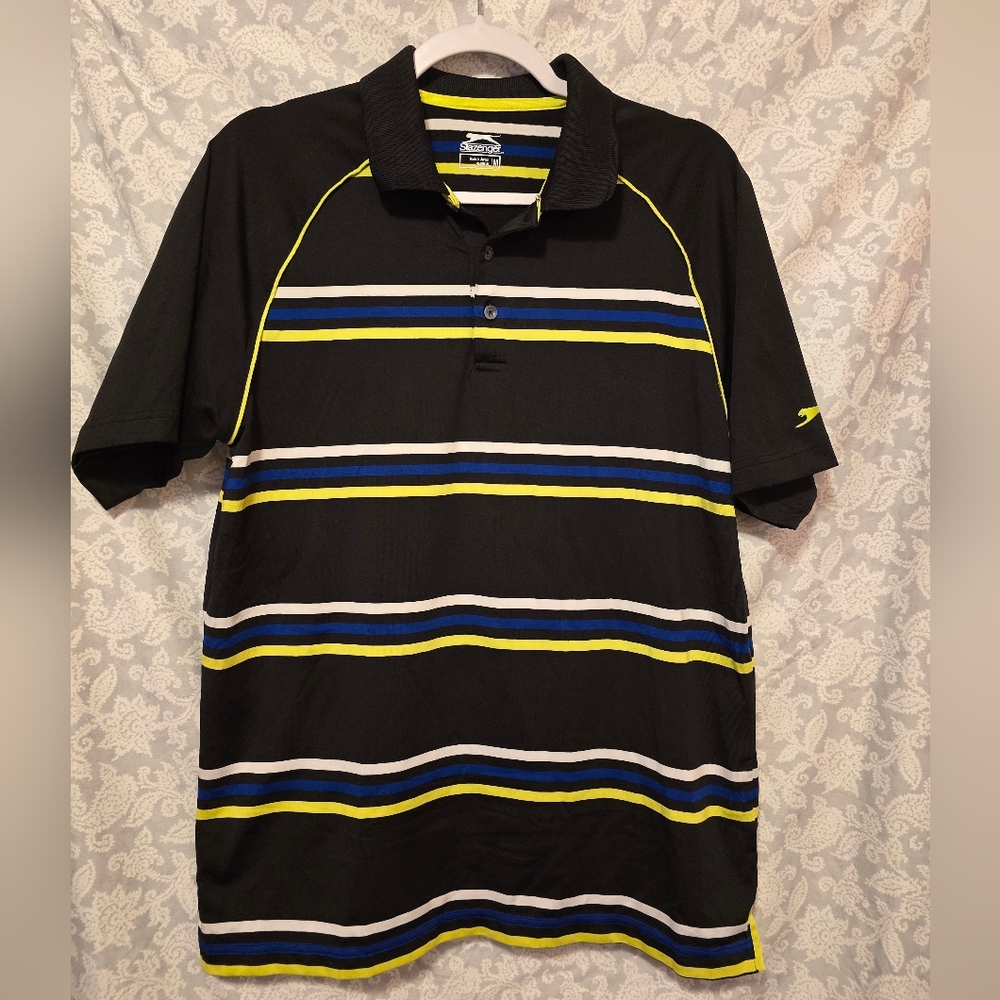 Slazenger Black Polo with Yellow, Blue & White Stripes